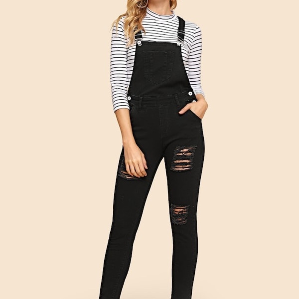 Ripped black skinny jean overalls